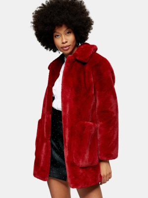 Deep Red Velvet Faux Fur Coat