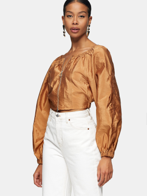 Camel Nylon Zip Crop Blouse