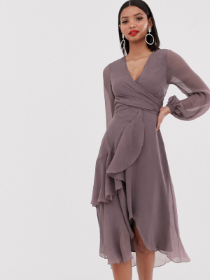 Asos Design Wrap Waist Midi Dress With Double Layer Skirt And Long Sleeve