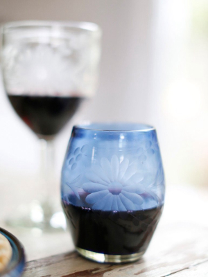 Etched Stemless Wine Glass - French Blue