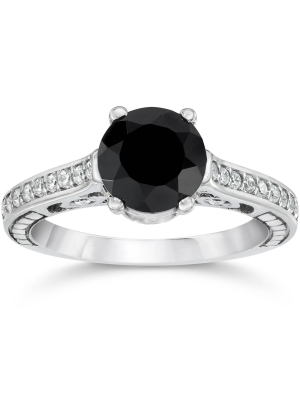 Pompeii3 1 3/4ct Black & White Vintage Diamond Engagement Ring 14k White Gold