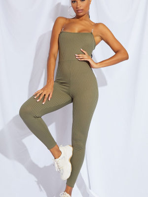 Khaki Rib Clear Strap Jumpsuit