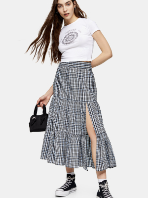 Blue Check Tiered Split Midi Skirt