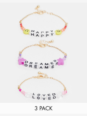 Asos Design Bracelet 3-pack With Positive Word Beads In Gold Tone