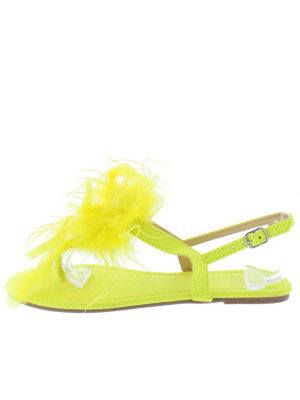 Tricia078 Yellow Feather Open Toe Slingback Thong Sandal