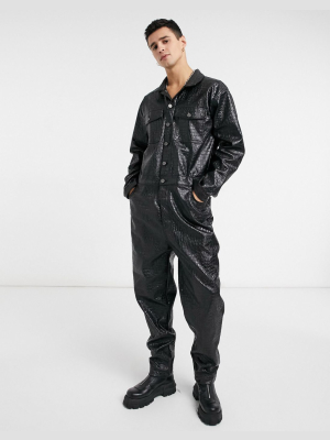 Asos Design Boilersuit In Black Faux Leather Snake Print