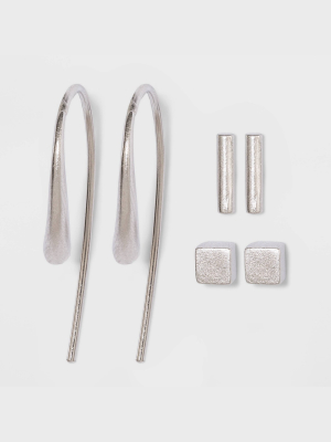 Sterling Silver Cube Stud And Bar Threader Earring Set 3pc - Universal Thread™ Silver