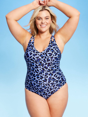 Women's Plus Size Double Strap One Piece Swimsuit - Kona Sol™ Blue Animal Print