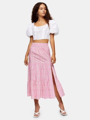 Pink Check Tiered Midi Skirt
