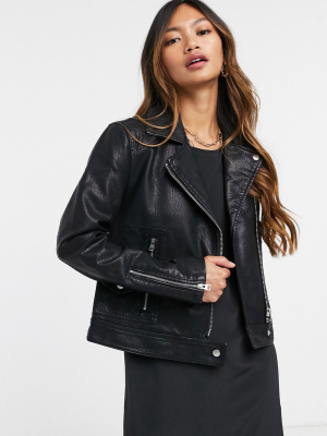 Topshop Faux Leather Biker Jacket In Black