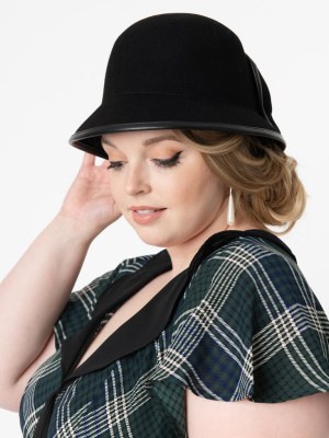 Unique Vintage Black Wool Bow Cloche Hat