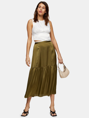 Plain Khaki Tiered Satin Skirt