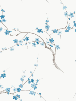 Cherry Blossom Floral Peel-and-stick Wallpaper In Pacific Blue And White By Nextwall