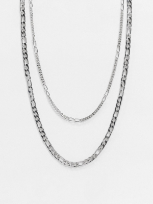 Asos Design Short Slim Double Layer 5mm Figaro Neckchain In Silver Tone