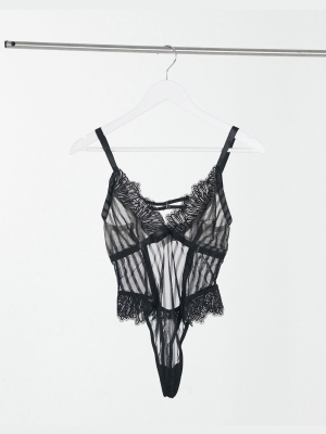 Wolf & Whistle Fuller Bust Stripe Mesh And Lace Bodysuit With Strappy Cutout Detail In Black