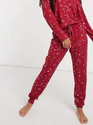 Chelsea Peers Eco Poly Foil Star Long Pajama Set In Red