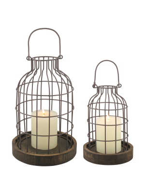 Stonebriar Industrial Metal Cage Cloches With Rustic Wooden Candle Holder Base - Set Of 2