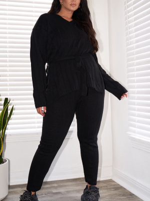 Plus Black Belted Longline Sweater And Legging...