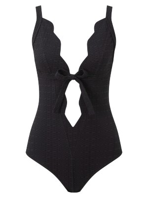 Scallop Black Seersucker Bow Maillot