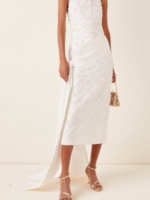 Draped Embellished Broderie Anglaise Cotton Midi Dress