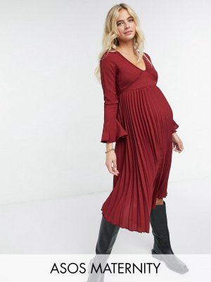 Asos Design Maternity Pleated Midi Dress With Lace Inserts In Oxblood