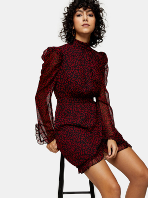 Topshop High Neck Mini Dress In Red Animal Print