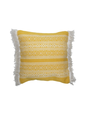 Yellow And White Hand Woven 18 X 18 Inch Outdoor Decorative Throw Pillow Cover With Insert And Hand Tied Fringe - Foreside Home & Garden