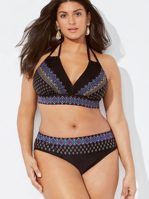 Plus Size Ethnic Print Triangle Halter Bikini Swimsuit - Two Piece Set