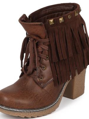 Forest03 Brown Lace Up Dual Fringe Stud Rugged Textured Heel Ankle Boot