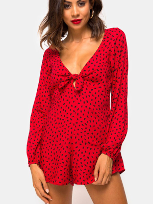 Romalo Longsleeve Front Tie Romper - Diana Red & Black Mini Dot Print