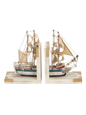 9" X 6" Wooden Sailboat Bookends White/gold - Olivia & May