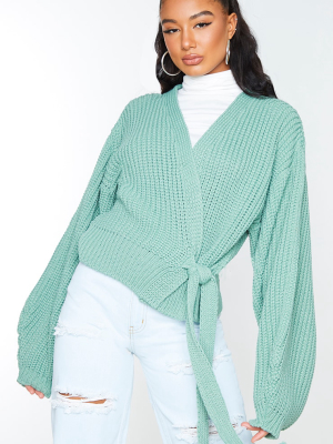 Sage Green Chunky Tie Waist Belted Cardigan