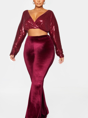 Plus Burgundy Sequin Wrap Plunge Crop Top