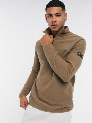 Asos Design Polar Fleece Sweatshirt With Half-zip In Camel Brown With Badge