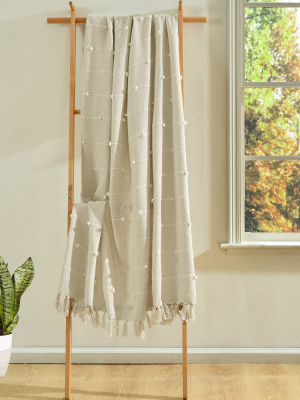 60"x50" Boho Tufted Cotton Woven Tassel And Fringe Throw Blanket Neutral - Lush Décor