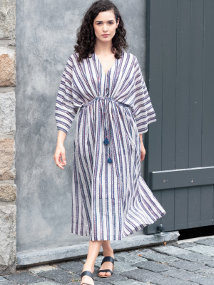 Peasant Dress In Navy Stripe