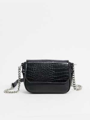 Asos Design Cross Body Bag In Black With Croc Effect Flap