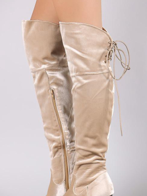 Steve Beige Velvet Lace Up Chunky Heel Boot