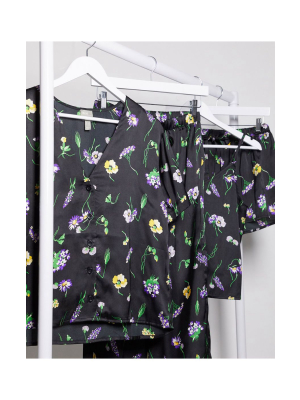 Asos Design Mix & Match Wild Flower Satin Short Sleeve Shirt & Short Set