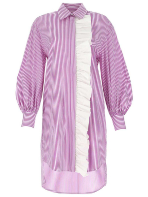 Msgm Contrast Ruffle Striped Shirt Dress