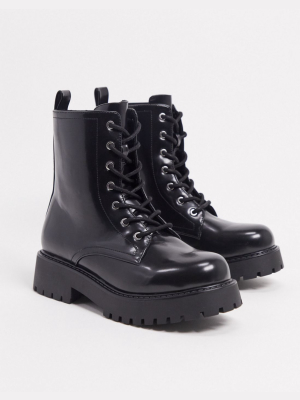 Monki Leandra Faux Leather Chunky Lace Up Boots In Black