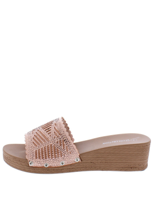 Nicole238 Pink Scalloped Open Toe Rhinestone Slide Wedge