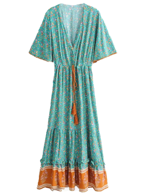 'celine' Bohemian Floral Print Wasit Tied Tassel V-neck Maxi Dress (2 Colors)