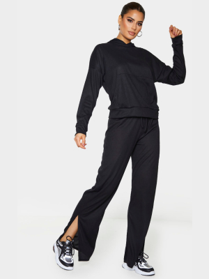 Tall Black Ribbed Split Hem Flared Pants