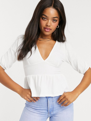 Stradivarius V-neck Top With Frill Detail In White