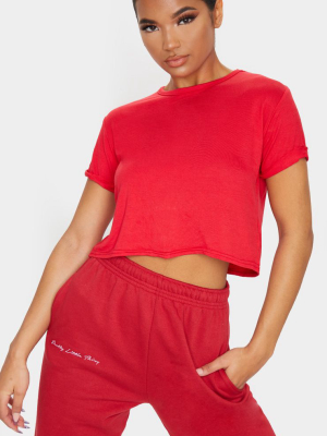 Red Basic Roll Sleeve Crop T Shirt