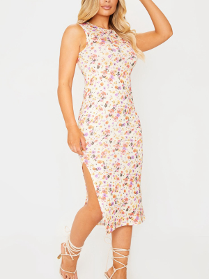 White Floral Print Split Side Sleeveless Midi...