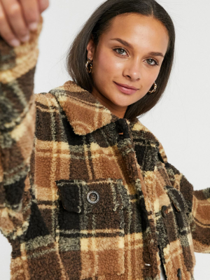 Only Shearling Shacket In Plaid