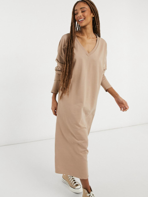 Asos Design Sweat Midi Dress With V-neck In Camel