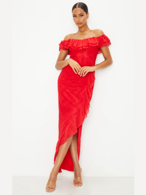 Red Bardot Chiffon Frill Lace Wrap Maxi Dress